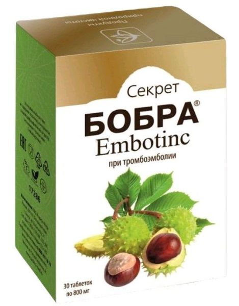 Изображение товара Секрет бобра Эмботинс при тромбоэмболии Сашера-Мед 30 таблеток Секрет бобра Эмботинс при тромбоэмболии Сашера-Мед 30 таблеток фотография